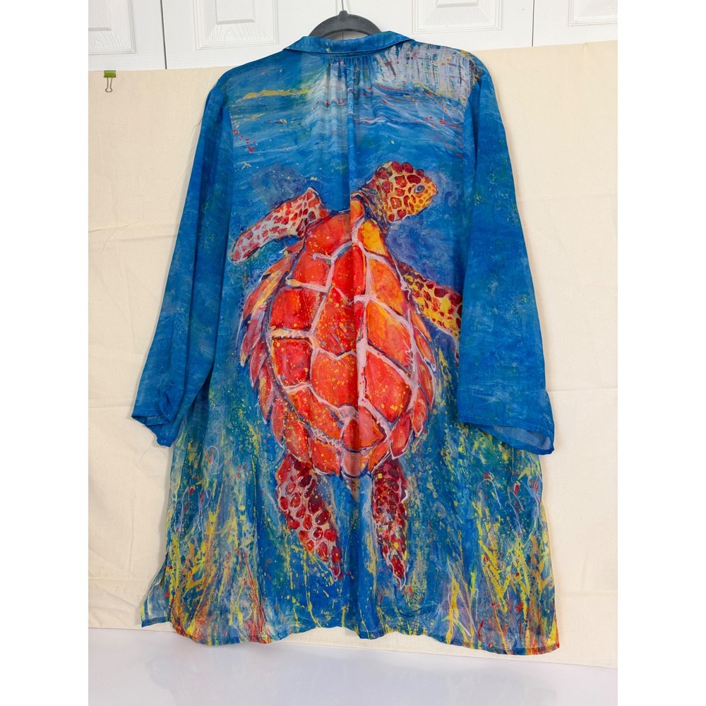 Leoma Lovegrove Sea Turtle Art Tunic Shirt Womens XL Blue Orange Button Up Long - Picture 10 of 12